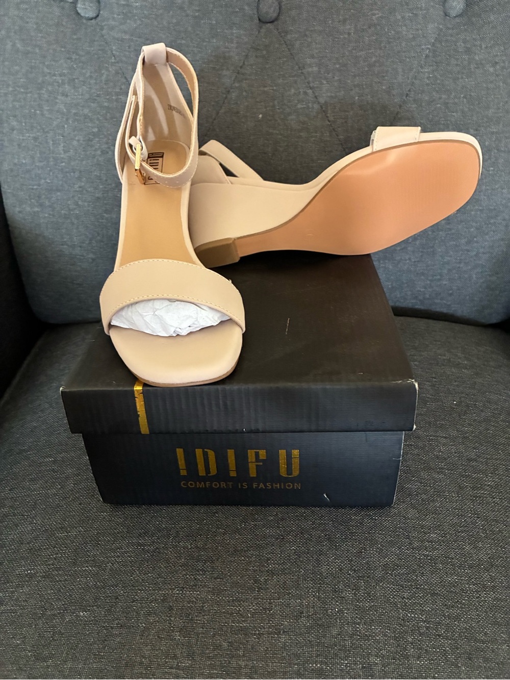 IDIFU Nude Ankle-Strap Block Heel Sandals